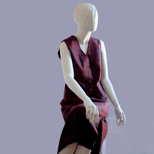 Dark academia black Maroon plaid wool tailored suit vest and skirt matching set